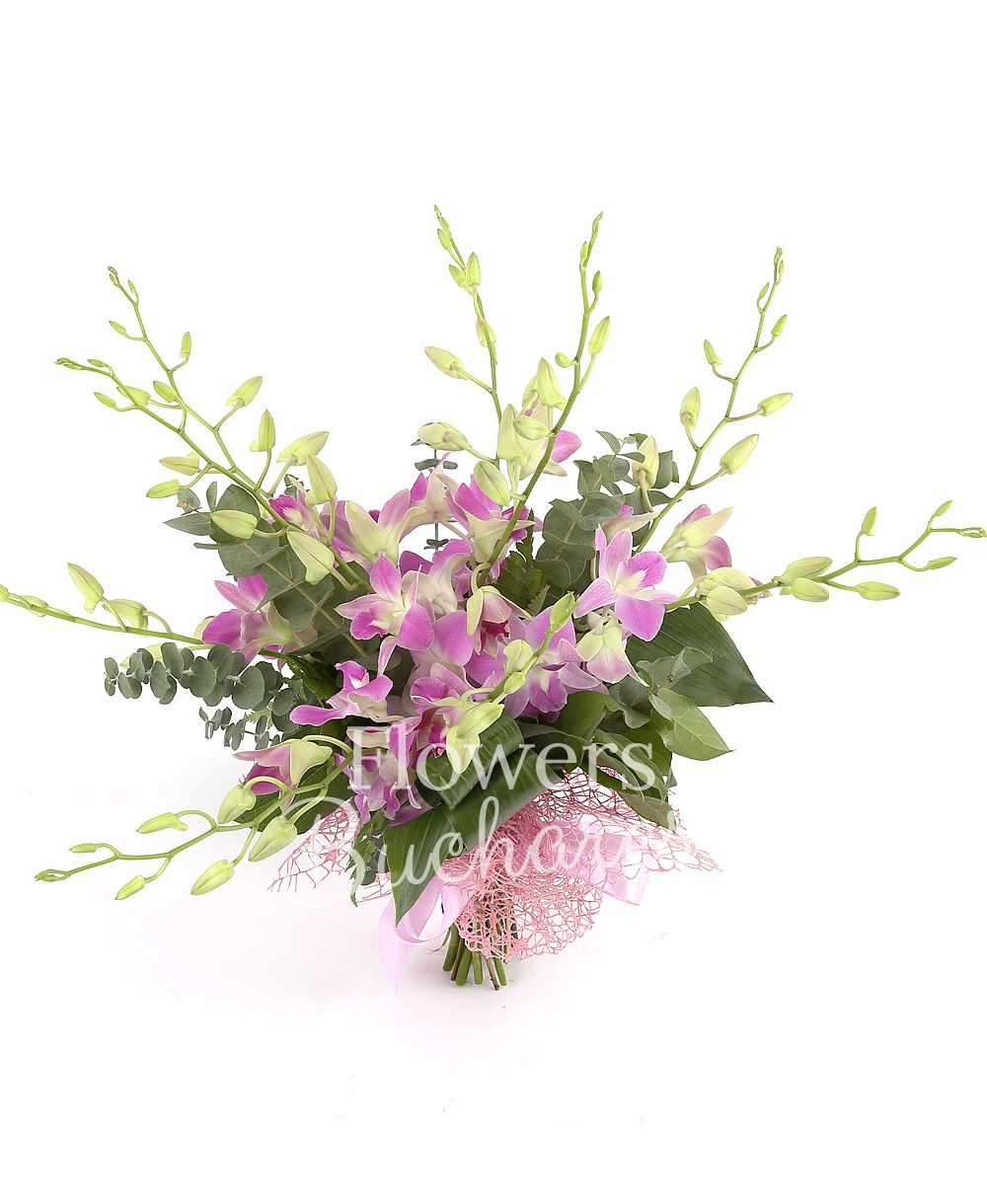 9 mauve orchids, greenery