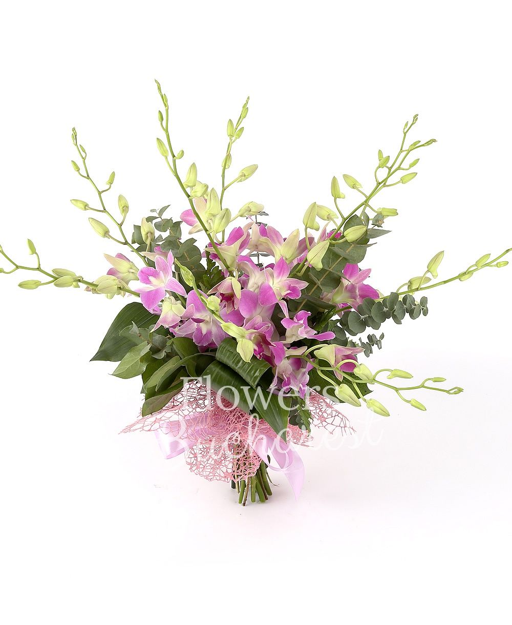 9 mauve orchids, greenery