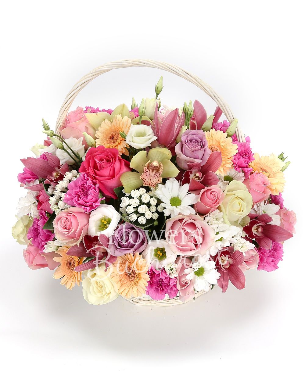 5 white bouvardia, 8 cream gerbera, 12 pink carnations, 10 white roses, 5 pink roses, 3 cyclam roses, 2 white chrysanthemums, 5 white lisianthus, pink cymbidium, green cymbidium, basket