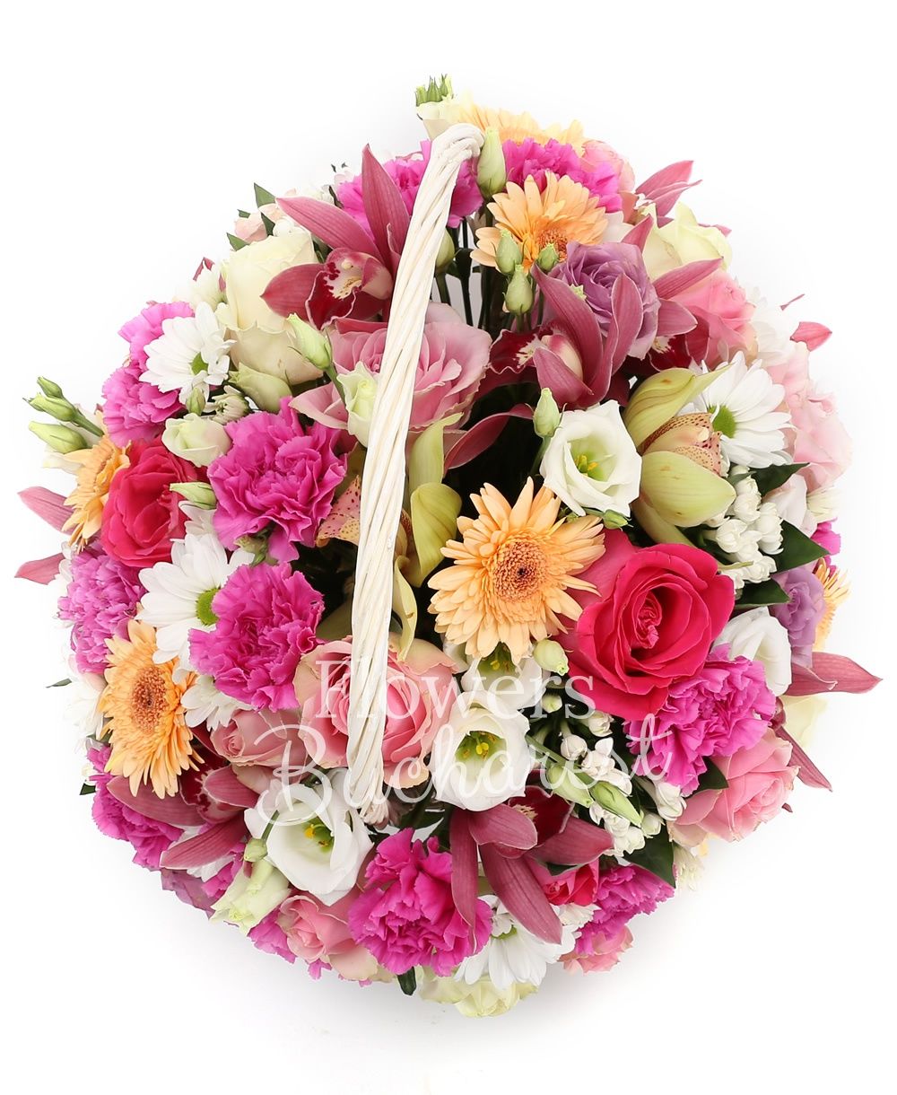 5 white bouvardia, 8 cream gerbera, 12 pink carnations, 10 white roses, 5 pink roses, 3 cyclam roses, 2 white chrysanthemums, 5 white lisianthus, pink cymbidium, green cymbidium, basket