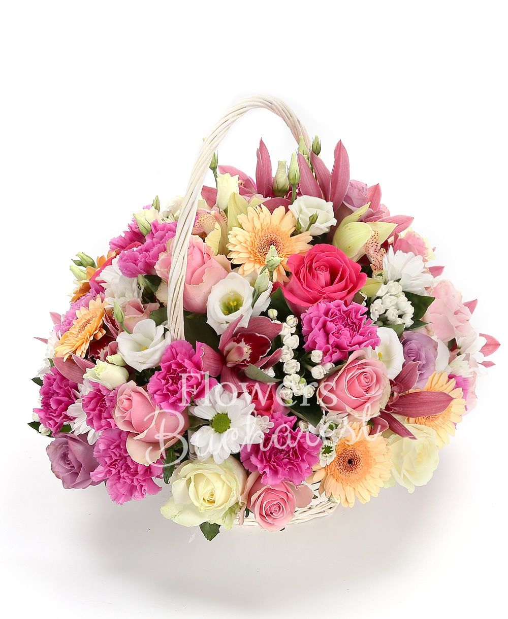 5 white bouvardia, 8 cream gerbera, 12 pink carnations, 10 white roses, 5 pink roses, 3 cyclam roses, 2 white chrysanthemums, 5 white lisianthus, pink cymbidium, green cymbidium, basket