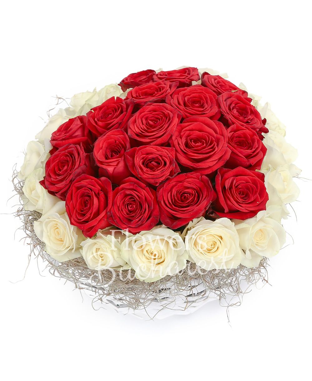 17 red roses, 16 white roses, greenery