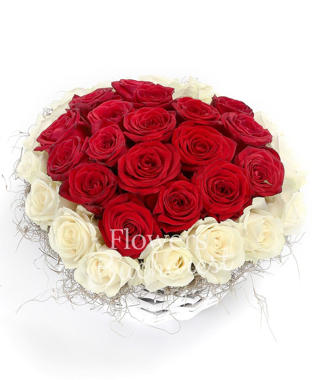 17 red roses, 16 white roses, greenery