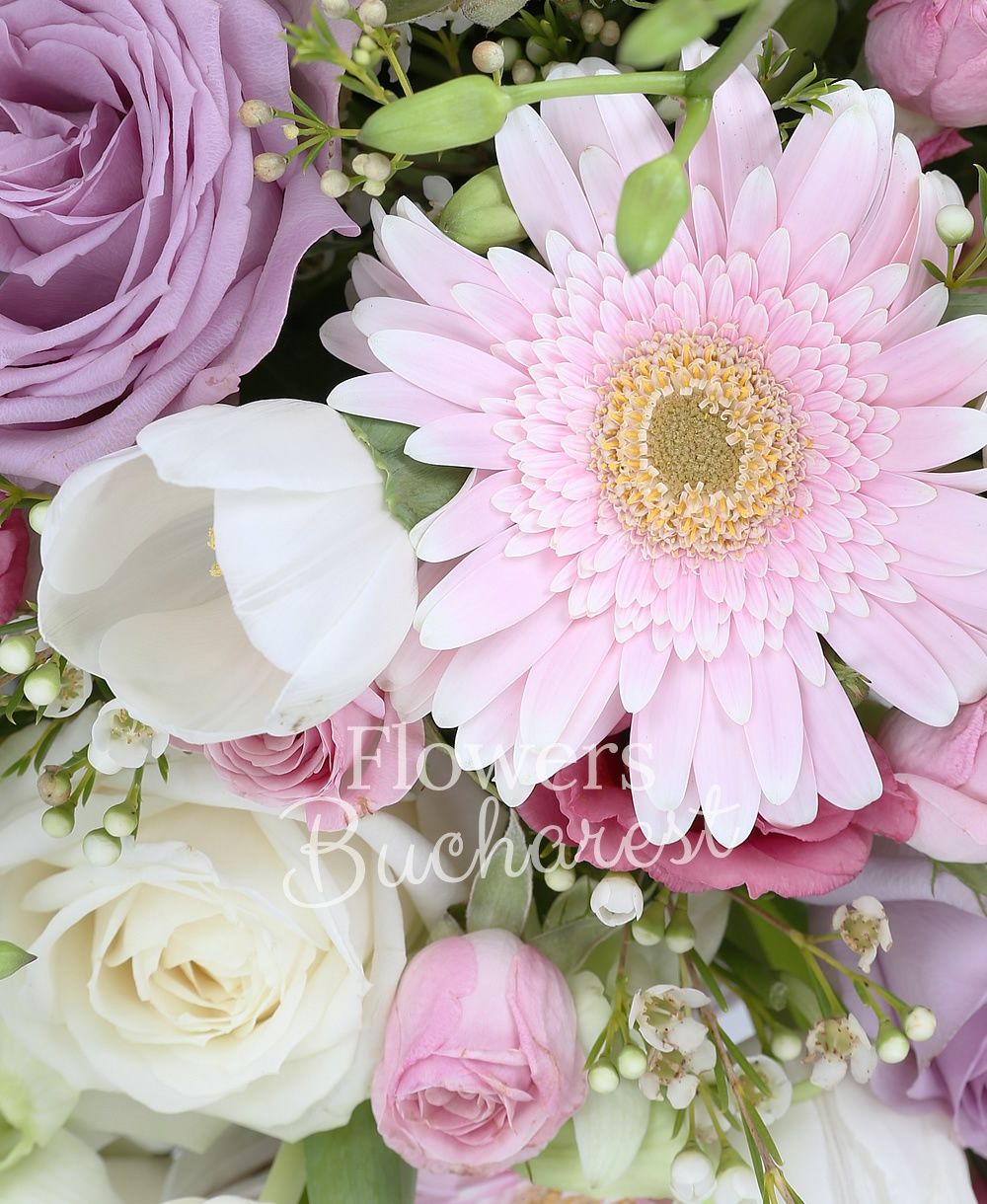 5 pink alstroemeria, 10 white tulips, 5 pink gerbera, 5 mauve roses, 5 white roses, 5 pink lisianthus, 5 pink miniroses, 5 white dendrobium orchids, greenery