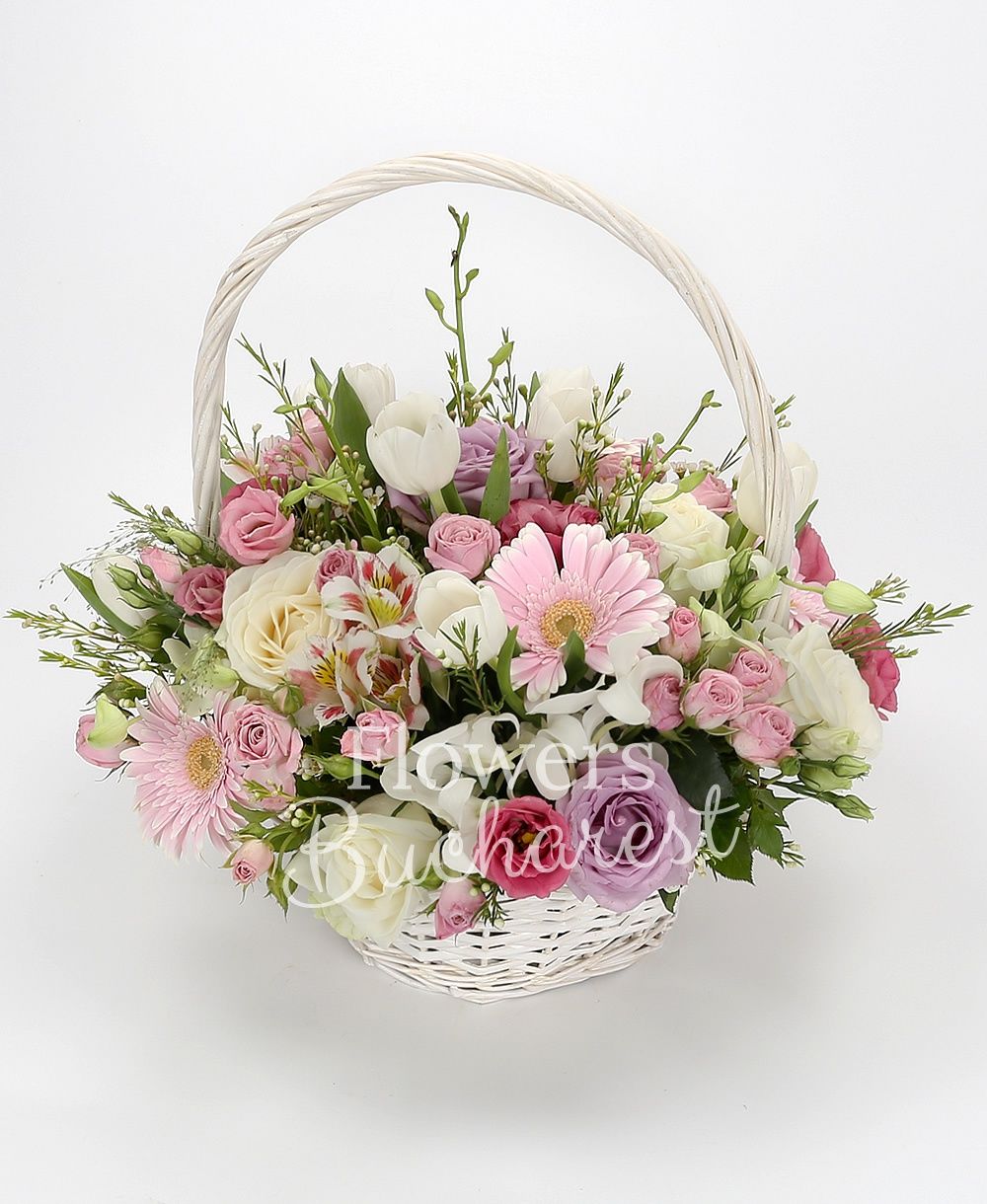 5 pink alstroemeria, 10 white tulips, 5 pink gerbera, 5 mauve roses, 5 white roses, 5 pink lisianthus, 5 pink miniroses, 5 white dendrobium orchids, greenery