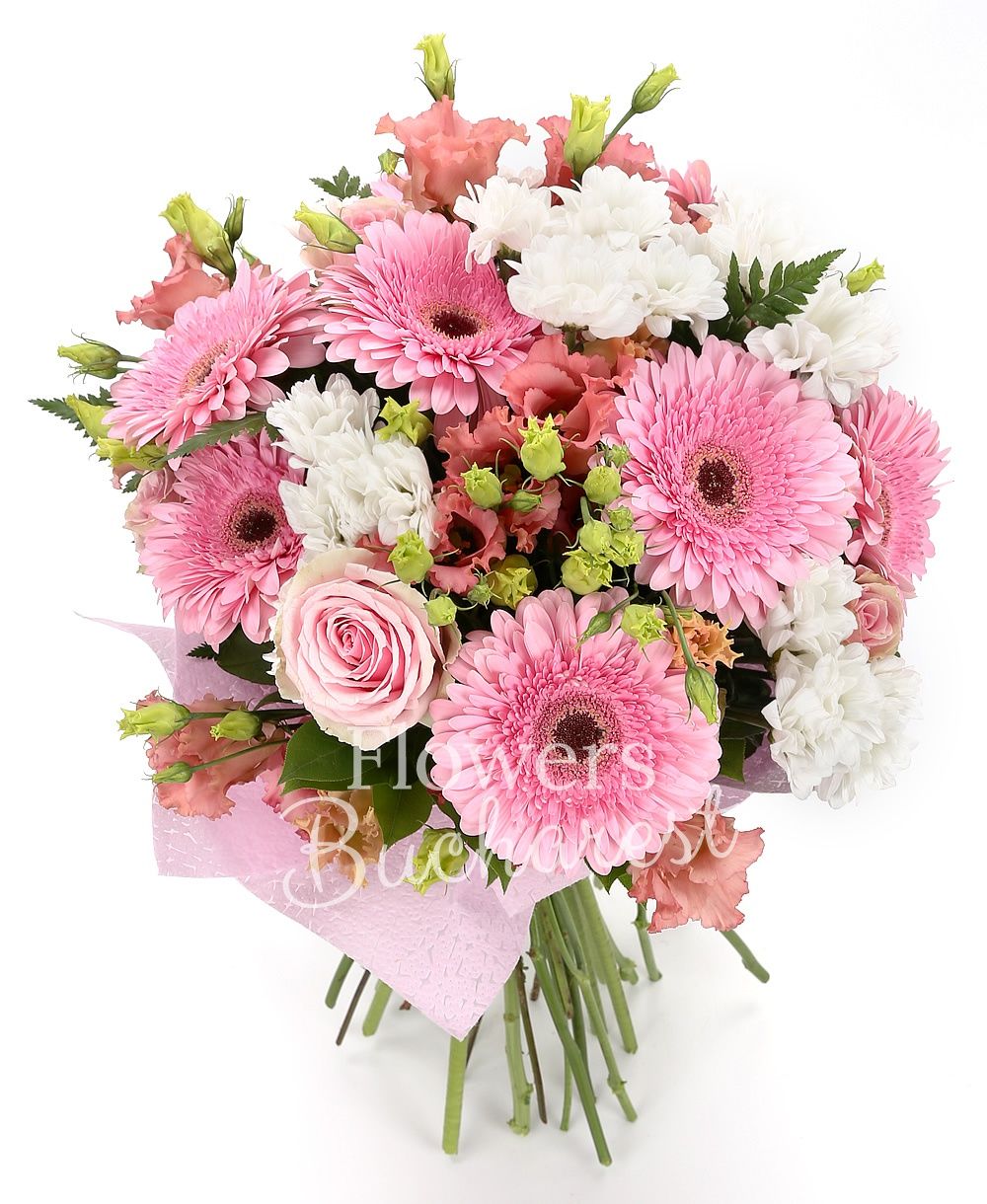 7 pink gerbera, 5 white chrysanthemums 5 pink roses, 5 pink lisianthus, greenery
