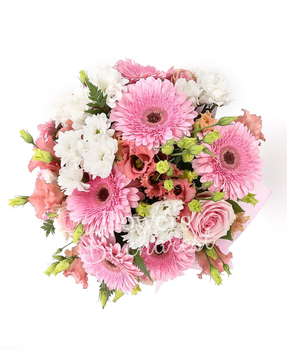 7 pink gerbera, 5 white chrysanthemums 5 pink roses, 5 pink lisianthus, greenery