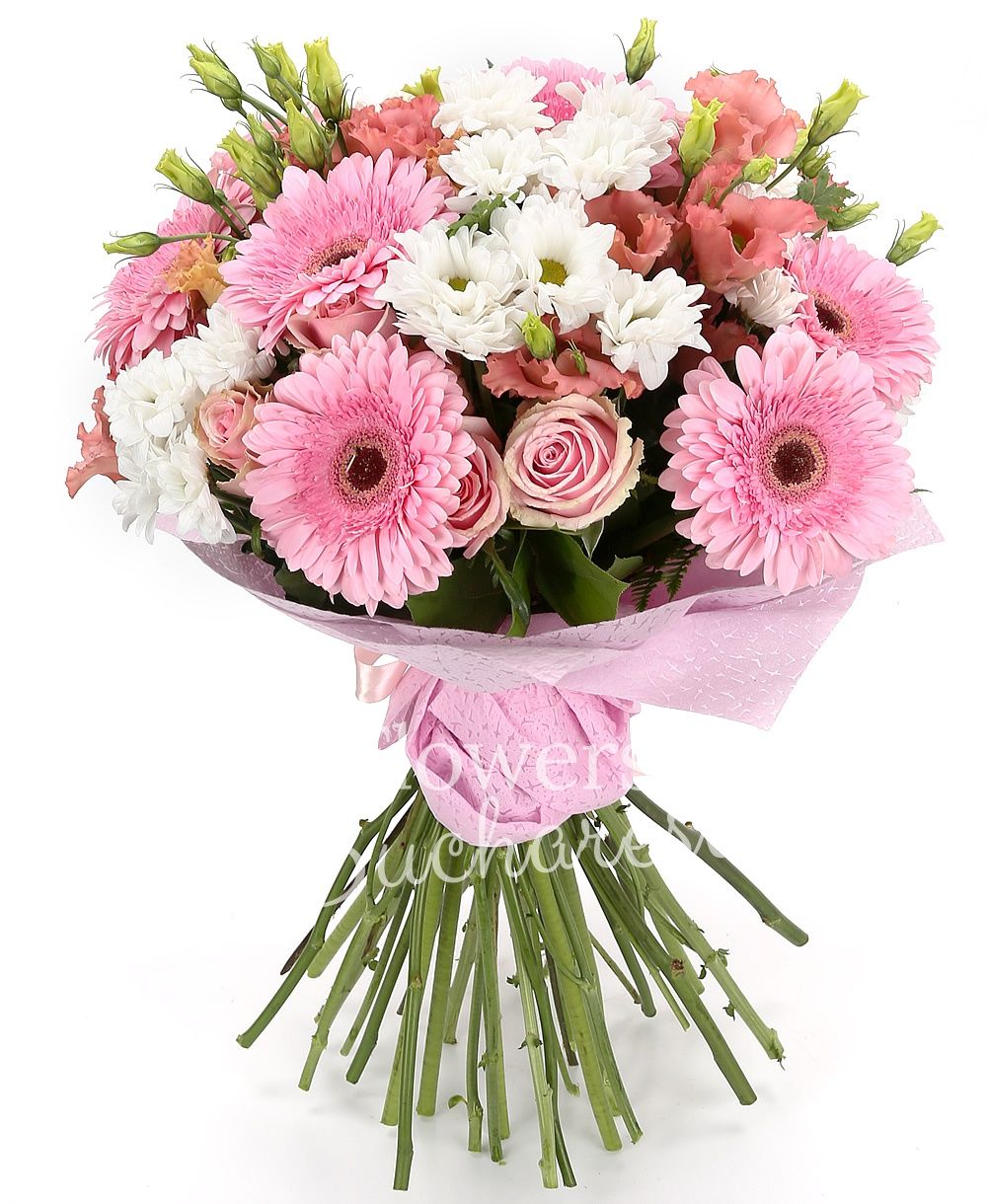 7 pink gerbera, 5 white chrysanthemums 5 pink roses, 5 pink lisianthus, greenery