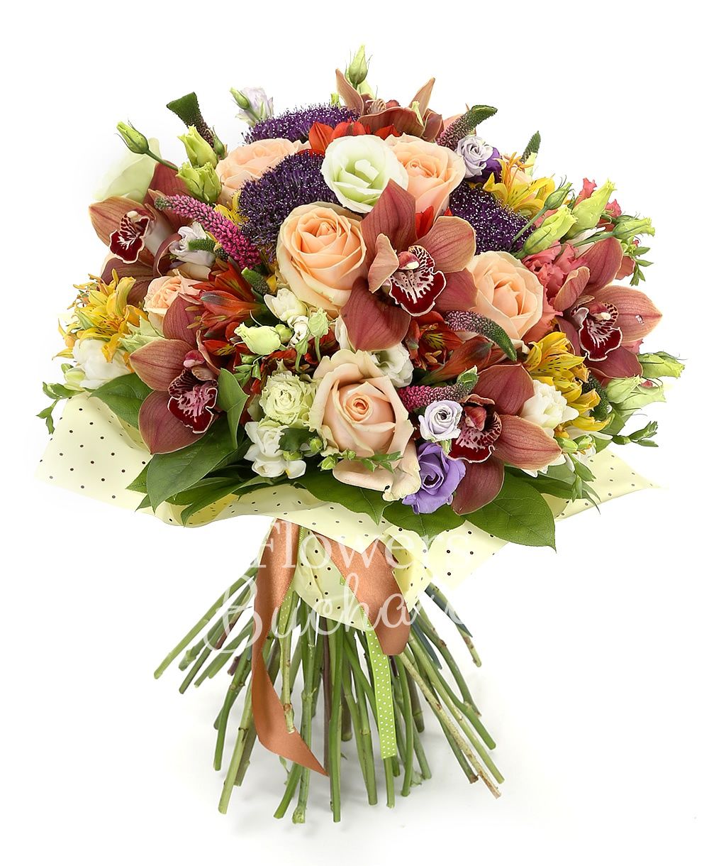 7 peach roses, 3 purple trachelium, 5 pink veronica, 5 yellow alstroemeria, 5 red alstroemeria, 5 purple lisianthus, 5 lisianthus pink, 7 white freesias, 3 lisianthus green, greenery