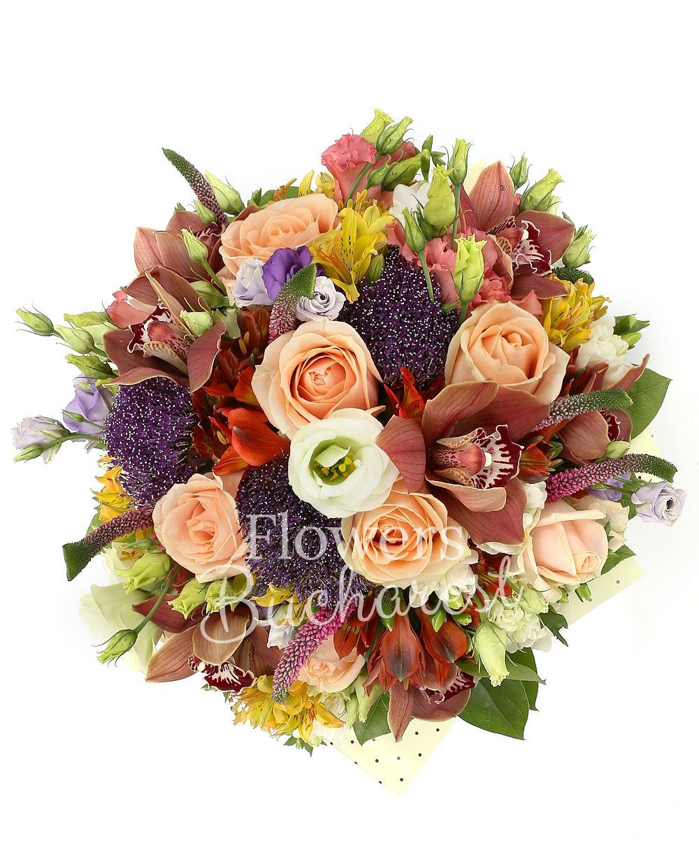 7 peach roses, 3 purple trachelium, 5 pink veronica, 5 yellow alstroemeria, 5 red alstroemeria, 5 purple lisianthus, 5 lisianthus pink, 7 white freesias, 3 lisianthus green, greenery