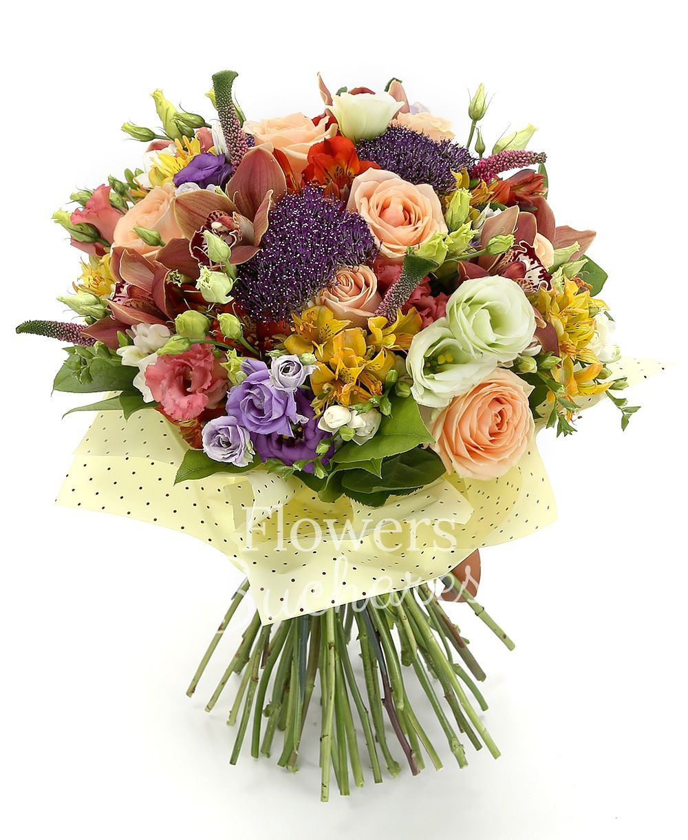 7 peach roses, 3 purple trachelium, 5 pink veronica, 5 yellow alstroemeria, 5 red alstroemeria, 5 purple lisianthus, 5 lisianthus pink, 7 white freesias, 3 lisianthus green, greenery