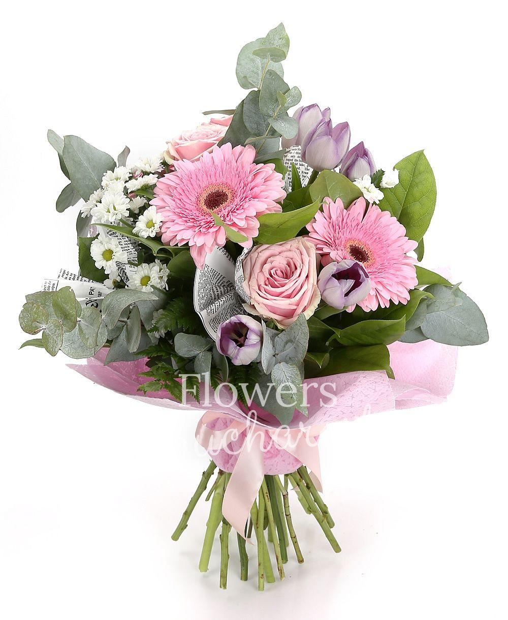 3 pink roses, 3 pink gerberas, 3 white chrysanthemums, 5 purple tulips, greenery
