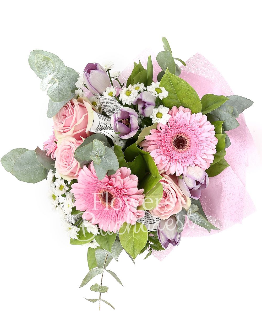 3 pink roses, 3 pink gerberas, 3 white chrysanthemums, 5 purple tulips, greenery