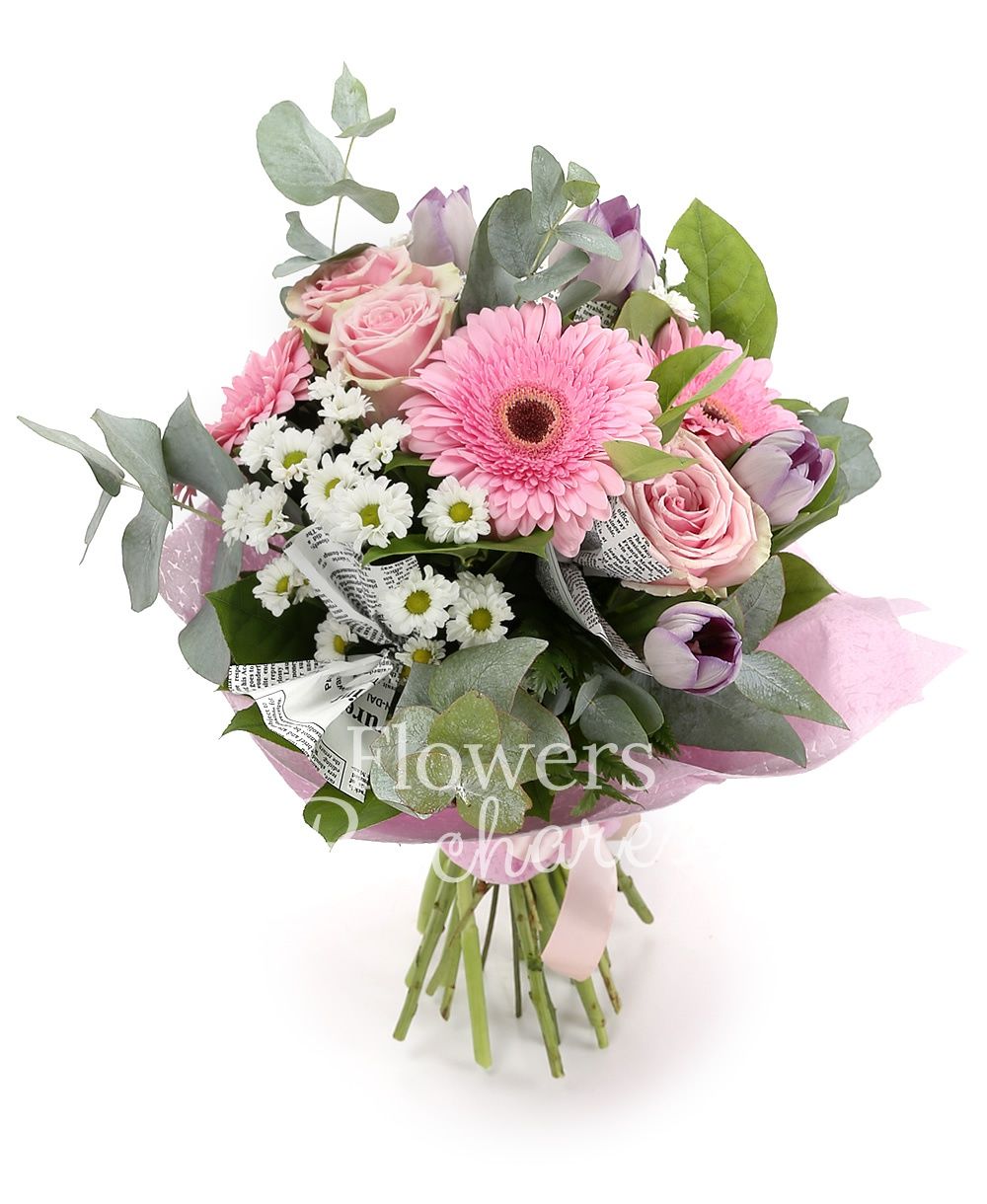 3 pink roses, 3 pink gerberas, 3 white chrysanthemums, 5 purple tulips, greenery