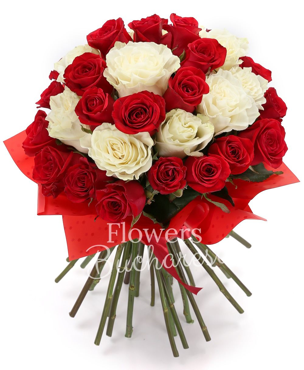 10 white roses, 25 red roses