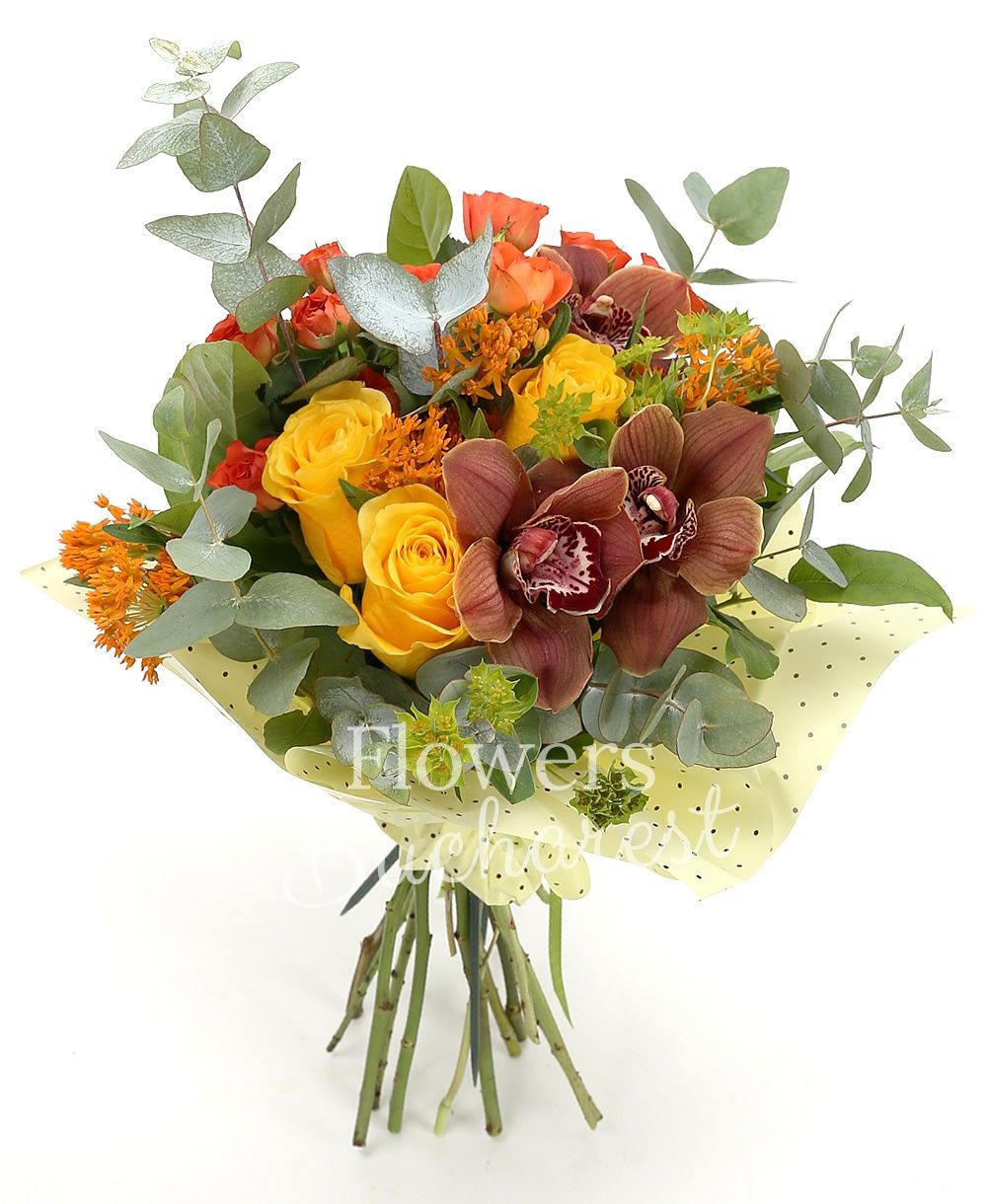 3 yellow roses, 3 orange asclepias, 3 orange miniroses, 3 garnet cymbidium, greenery