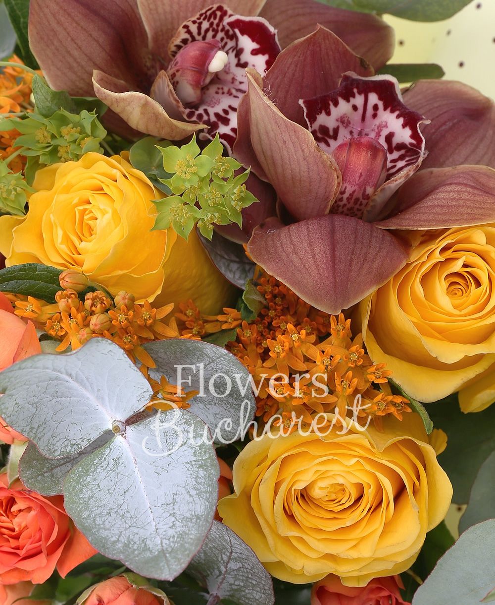 3 yellow roses, 3 orange asclepias, 3 orange miniroses, 3 garnet cymbidium, greenery