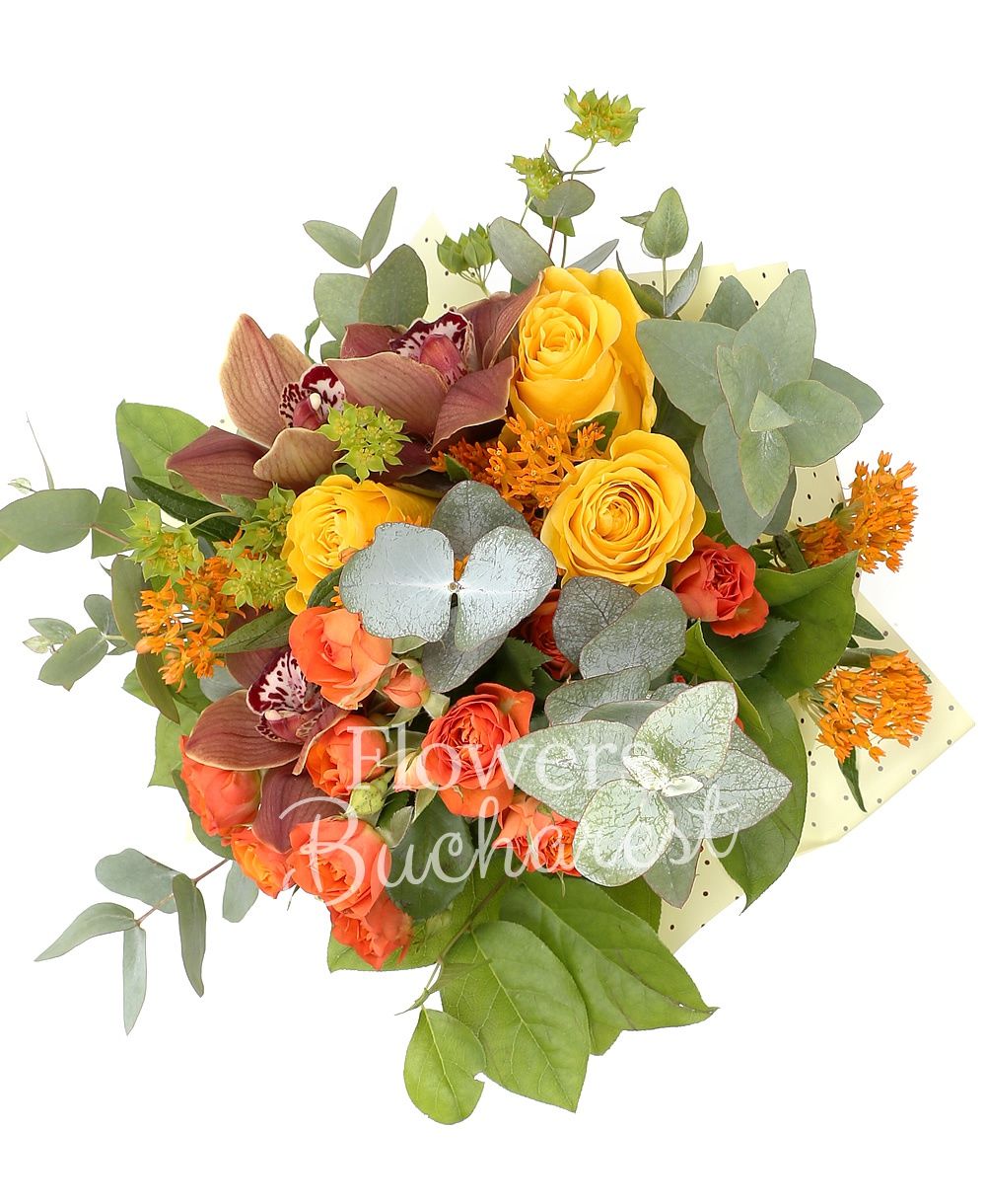 3 yellow roses, 3 orange asclepias, 3 orange miniroses, 3 garnet cymbidium, greenery