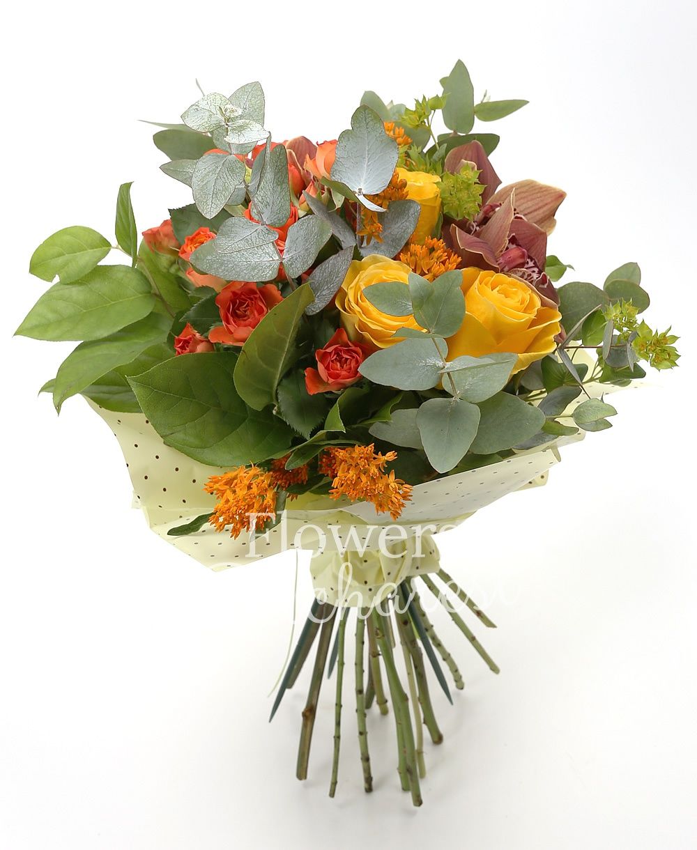 3 yellow roses, 3 orange asclepias, 3 orange miniroses, 3 garnet cymbidium, greenery