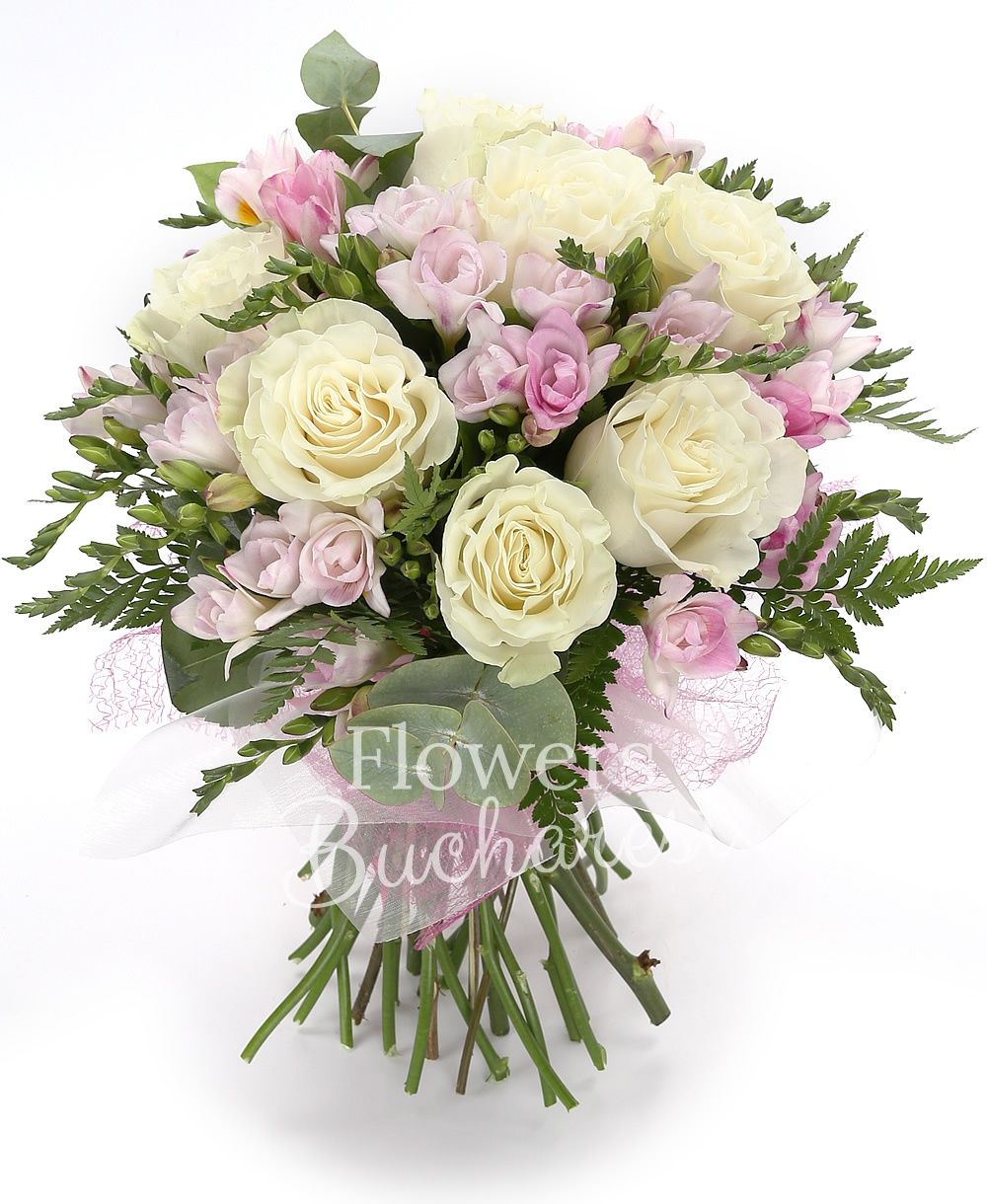 7 white roses, 20 pink freesias,greenery