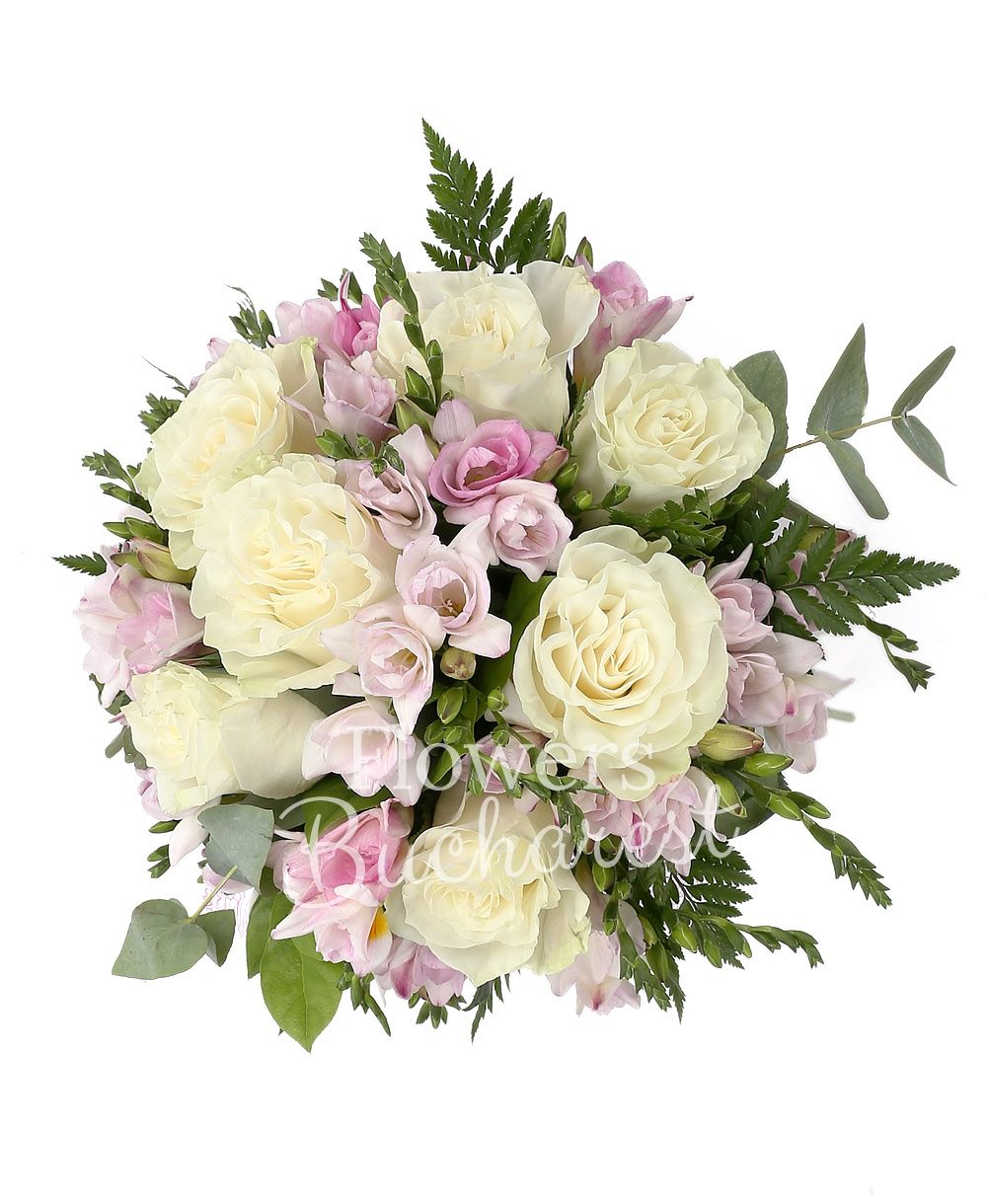7 white roses, 20 pink freesias,greenery