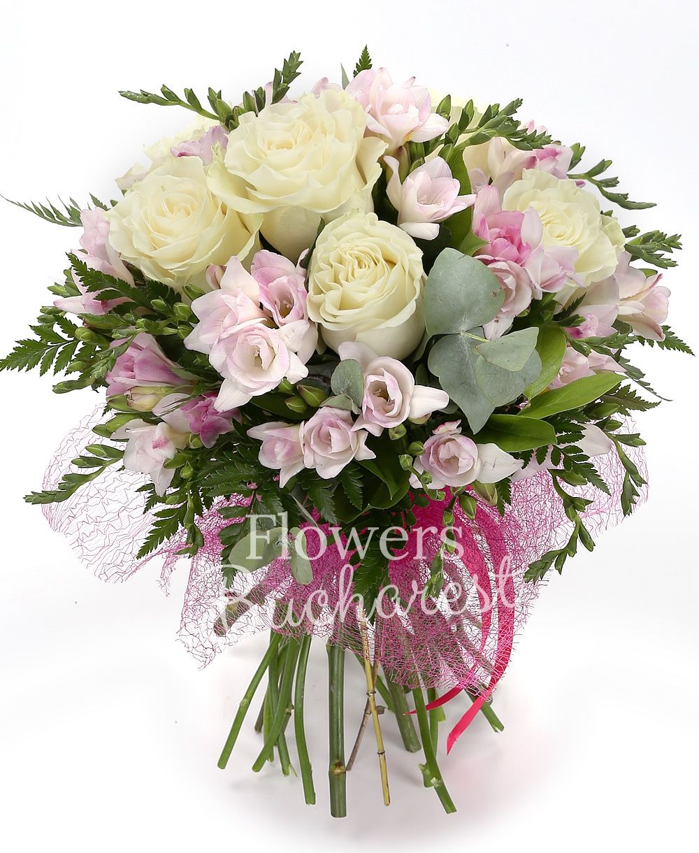 7 white roses, 20 pink freesias,greenery