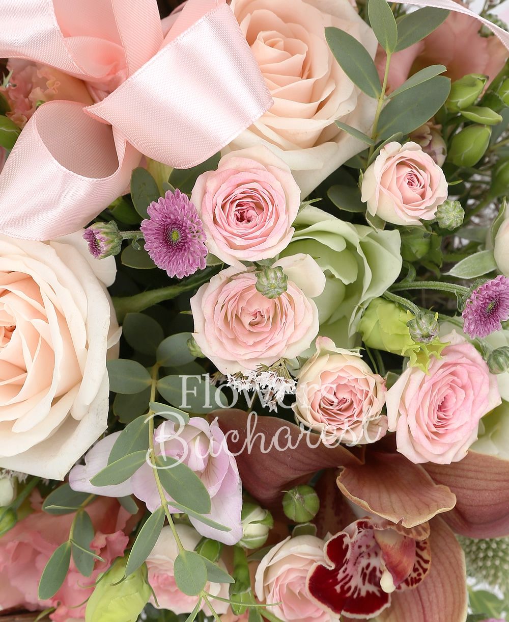 3 pink roses, 3 santini, 5 pink miniroses, 3 pink lisianthus, 3 green lisianthus, 2 white santini, 3 pink santini, greenery