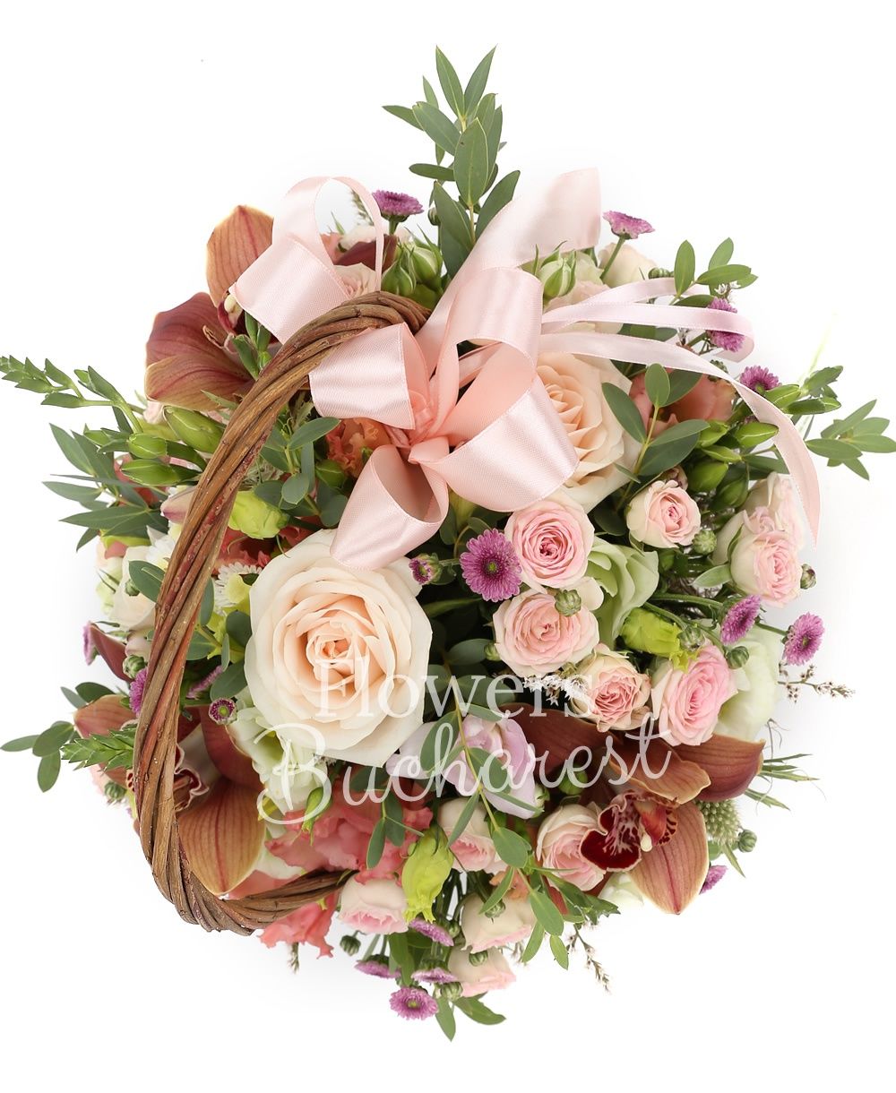 3 pink roses, 3 santini, 5 pink miniroses, 3 pink lisianthus, 3 green lisianthus, 2 white santini, 3 pink santini, greenery