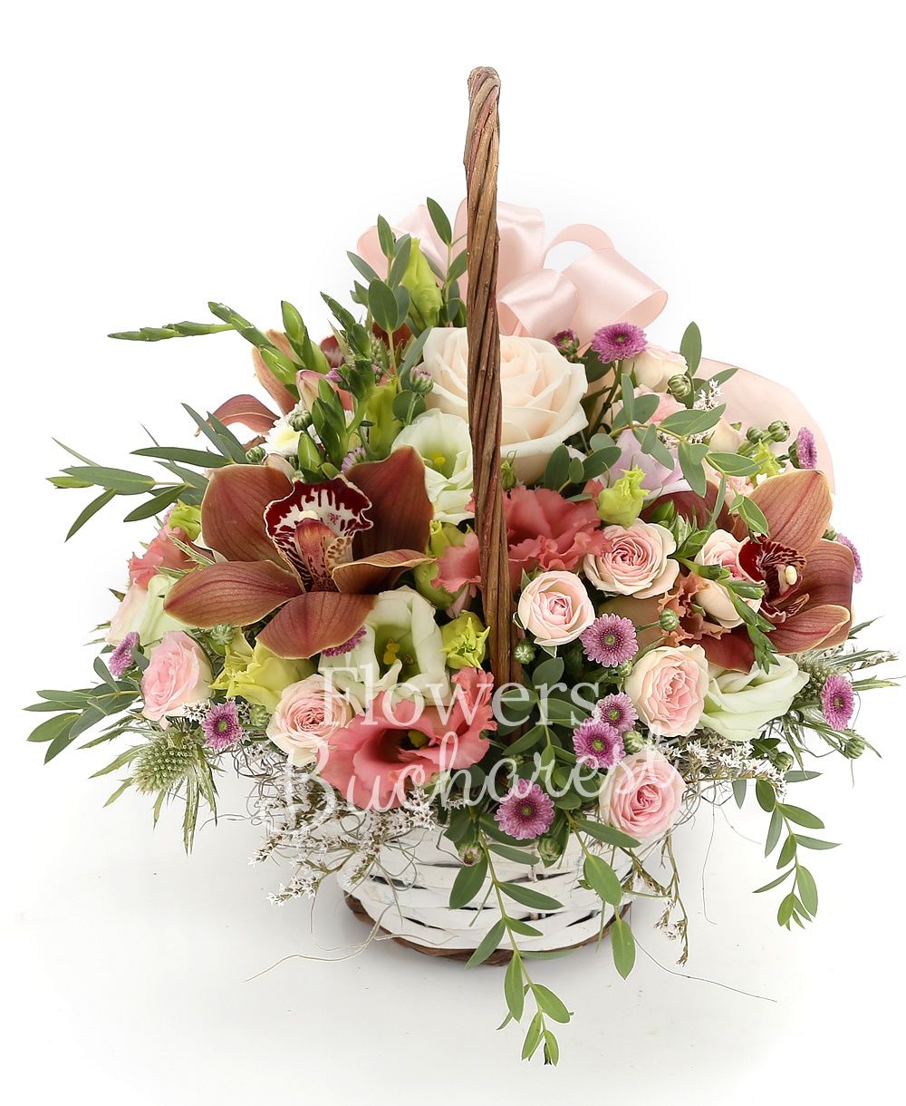 3 pink roses, 3 santini, 5 pink miniroses, 3 pink lisianthus, 3 green lisianthus, 2 white santini, 3 pink santini, greenery