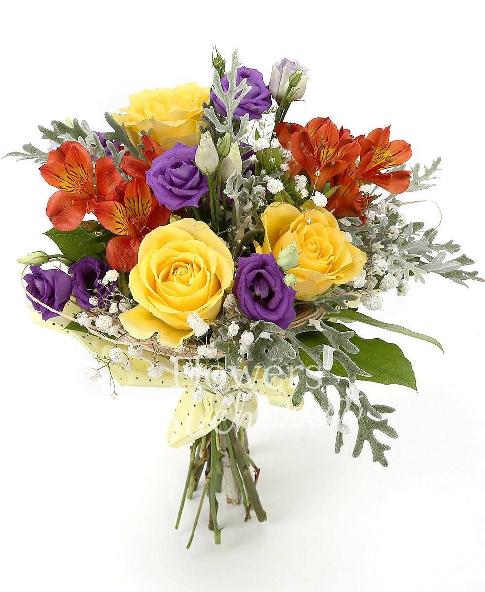 3 yellow roses, 2 red alstroemeria, 3 purple lisianthus, greenery