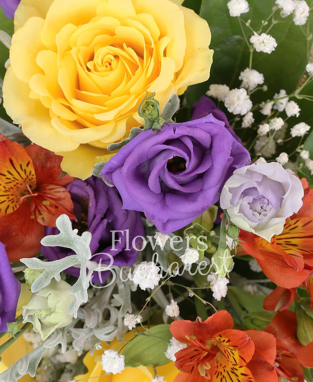 3 yellow roses, 2 red alstroemeria, 3 purple lisianthus, greenery