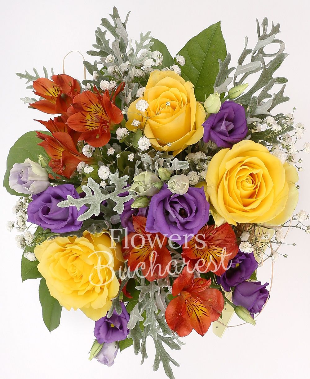 3 yellow roses, 2 red alstroemeria, 3 purple lisianthus, greenery