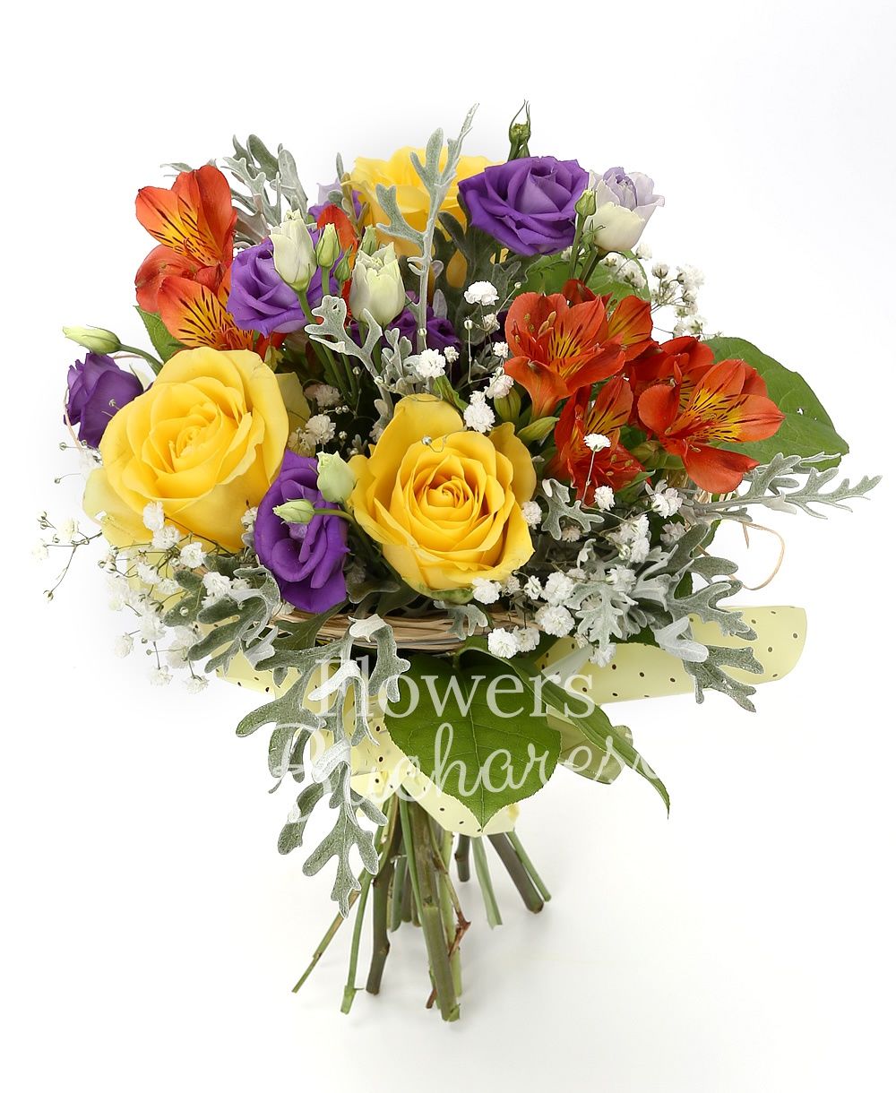 3 yellow roses, 2 red alstroemeria, 3 purple lisianthus, greenery