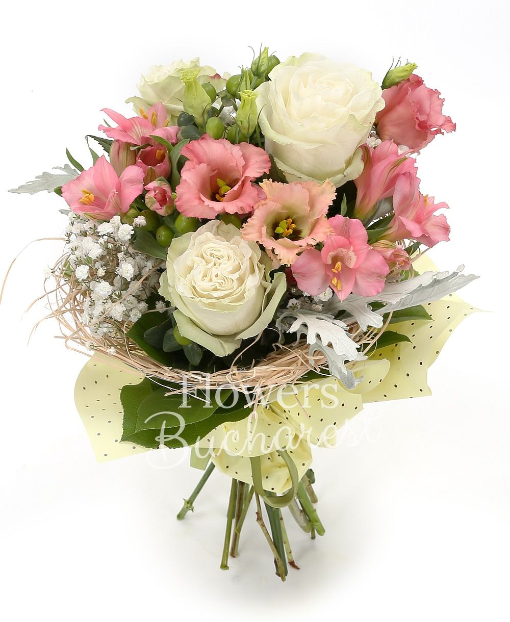 3 white roses, 2 pink alstroemerias, 2 pink lisianthus, 2 green hypericum, greenery