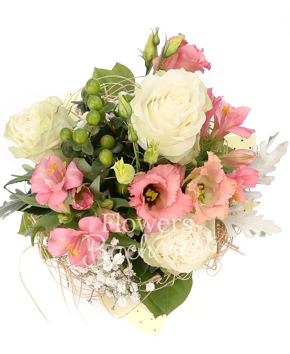 3 white roses, 2 pink alstroemerias, 2 pink lisianthus, 2 green hypericum, greenery