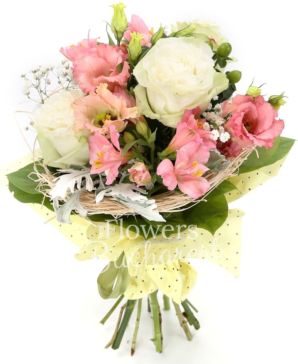 3 white roses, 2 pink alstroemerias, 2 pink lisianthus, 2 green hypericum, greenery