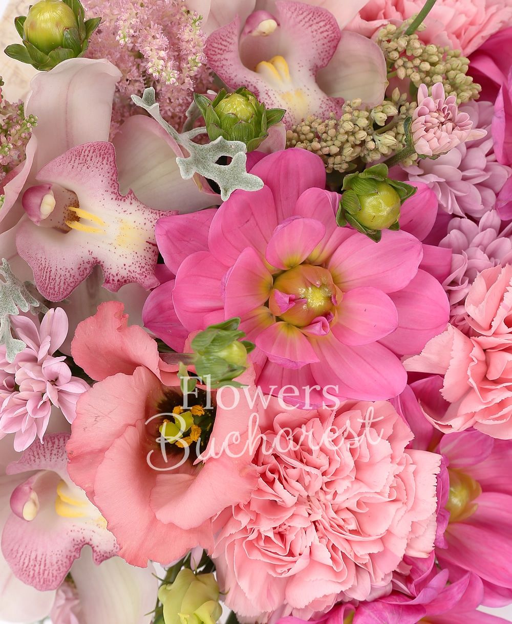 3 pink astilbe, 3 pink dahlias, 3 pink carnations, 2 pink lisianthus, 1 pink chrysanthemum, white cymbidium, greenery