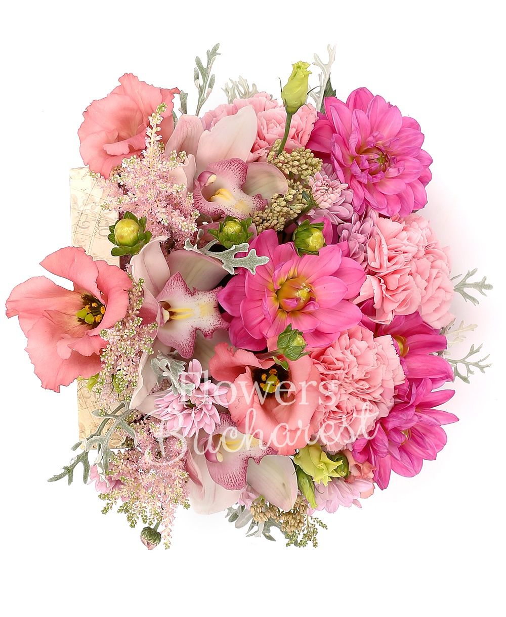 3 pink astilbe, 3 pink dahlias, 3 pink carnations, 2 pink lisianthus, 1 pink chrysanthemum, white cymbidium, greenery