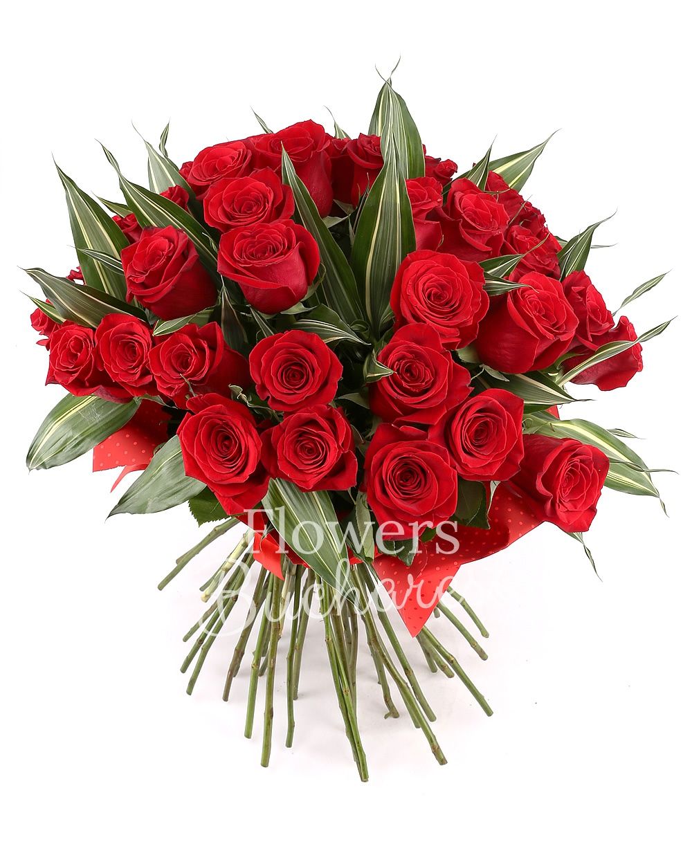 43 red roses, greenery