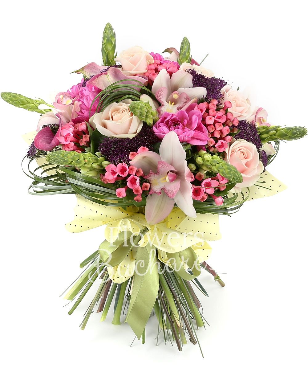 7 ornithogalum, 5 cream roses, 5 pink bouvardia, 5 purple trachelium, 5 pink cala, 5 pink dahlias, white cymbidium, greenery