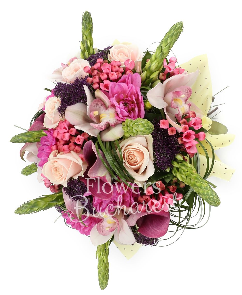 7 ornithogalum, 5 cream roses, 5 pink bouvardia, 5 purple trachelium, 5 pink cala, 5 pink dahlias, white cymbidium, greenery