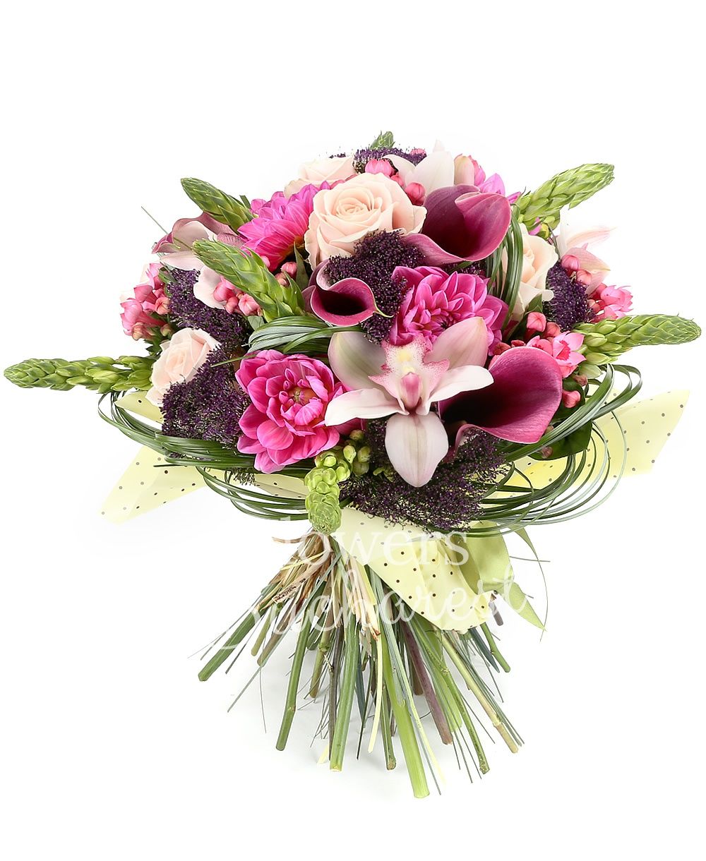 7 ornithogalum, 5 cream roses, 5 pink bouvardia, 5 purple trachelium, 5 pink cala, 5 pink dahlias, white cymbidium, greenery