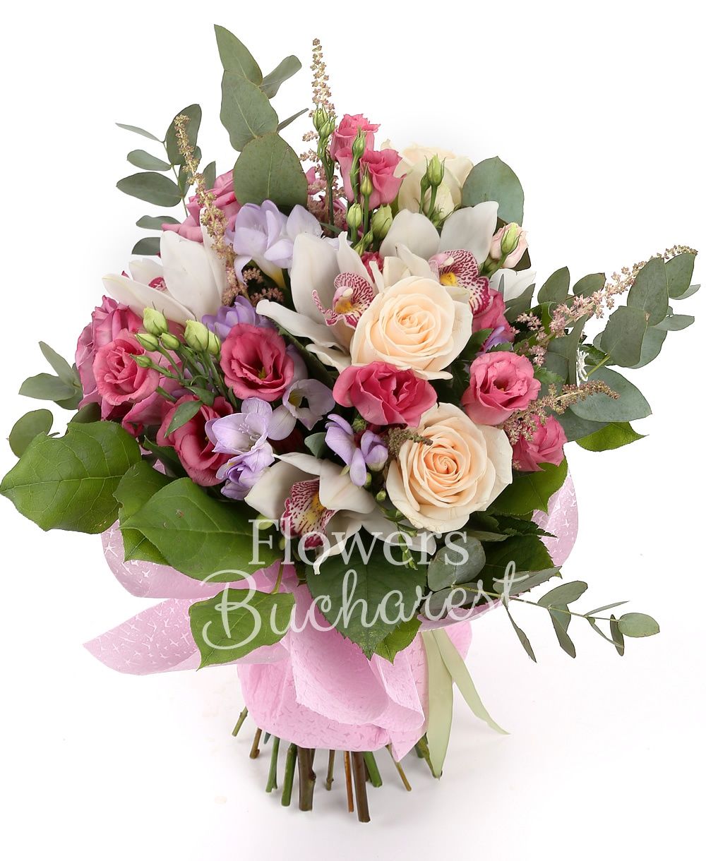 3 cream roses, 5 pink lisianthus, 3 purple roses, 5 pink astilbe, 5 purple freesias, white cymbidium, greenery