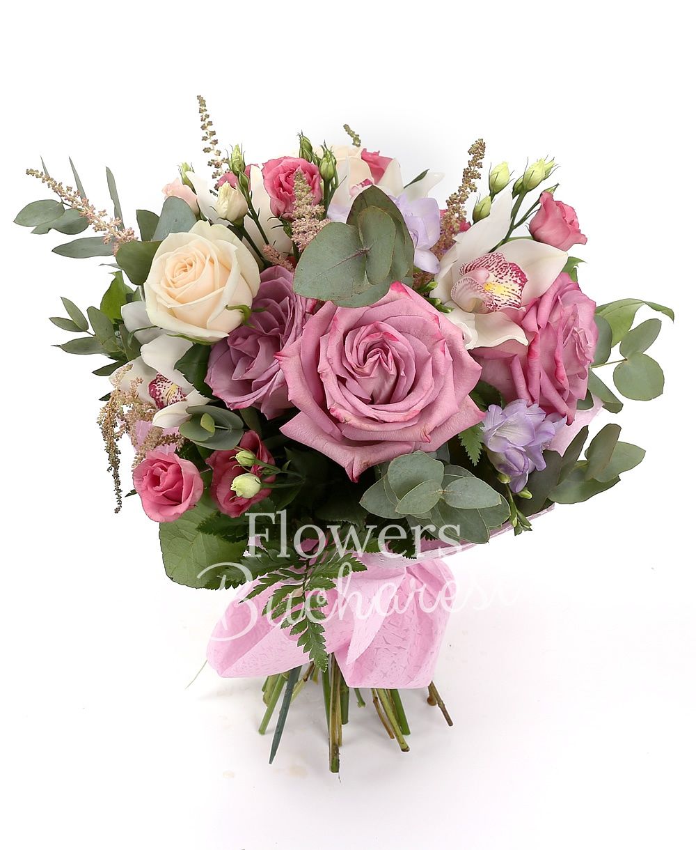 3 cream roses, 5 pink lisianthus, 3 purple roses, 5 pink astilbe, 5 purple freesias, white cymbidium, greenery