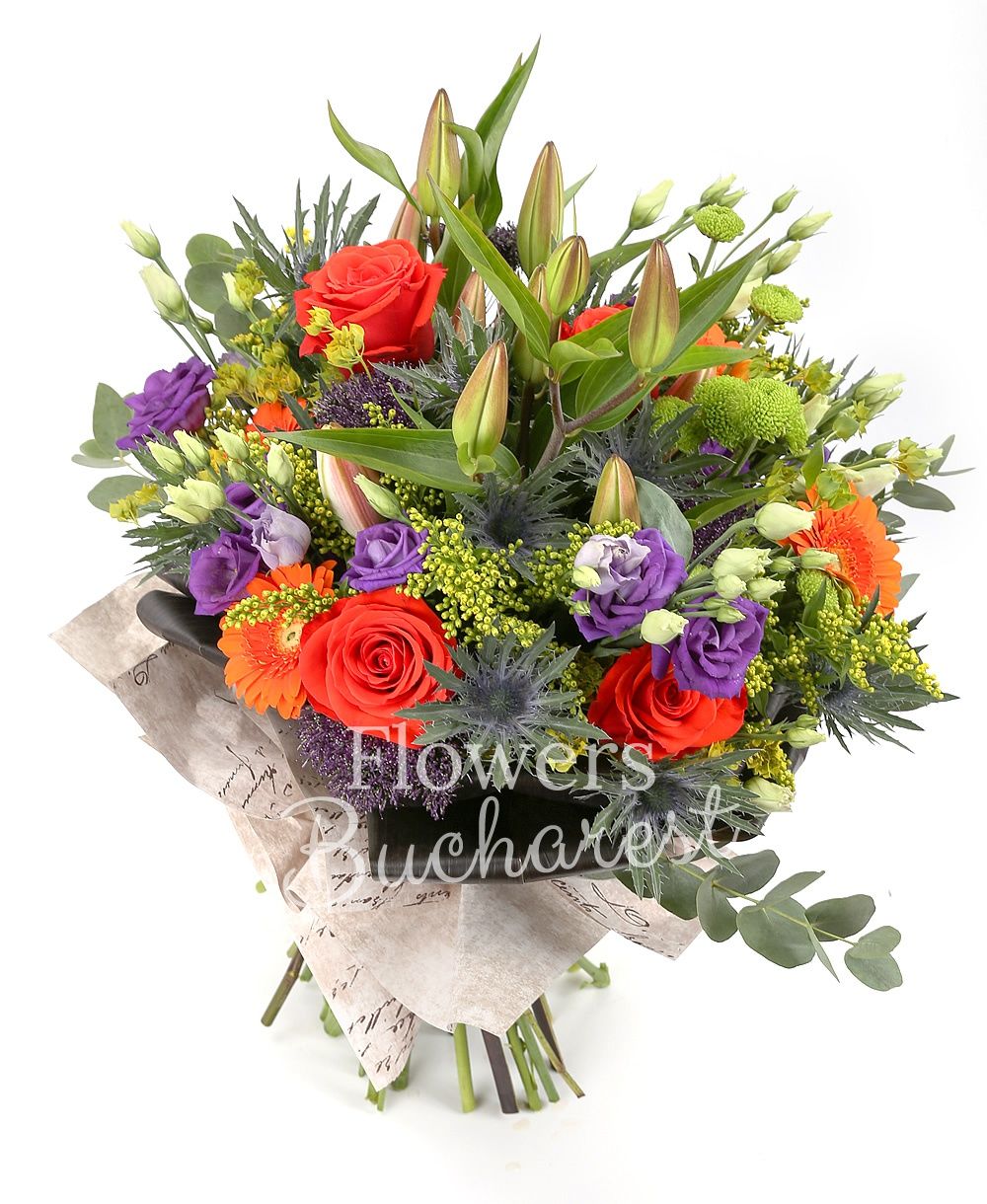 2 pink lilies, 5 orange roses, 5 orange gerberas, 5 purple lisianthus, 5 yellow solidago, 3 eryngium, 5 trachelium, 3 green santini, greenery