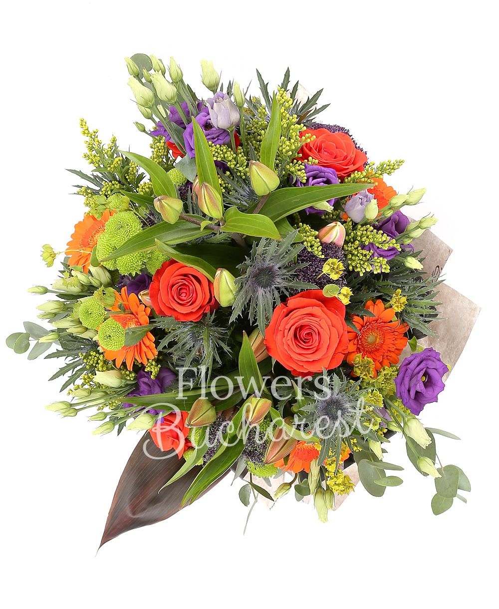 2 pink lilies, 5 orange roses, 5 orange gerberas, 5 purple lisianthus, 5 yellow solidago, 3 eryngium, 5 trachelium, 3 green santini, greenery