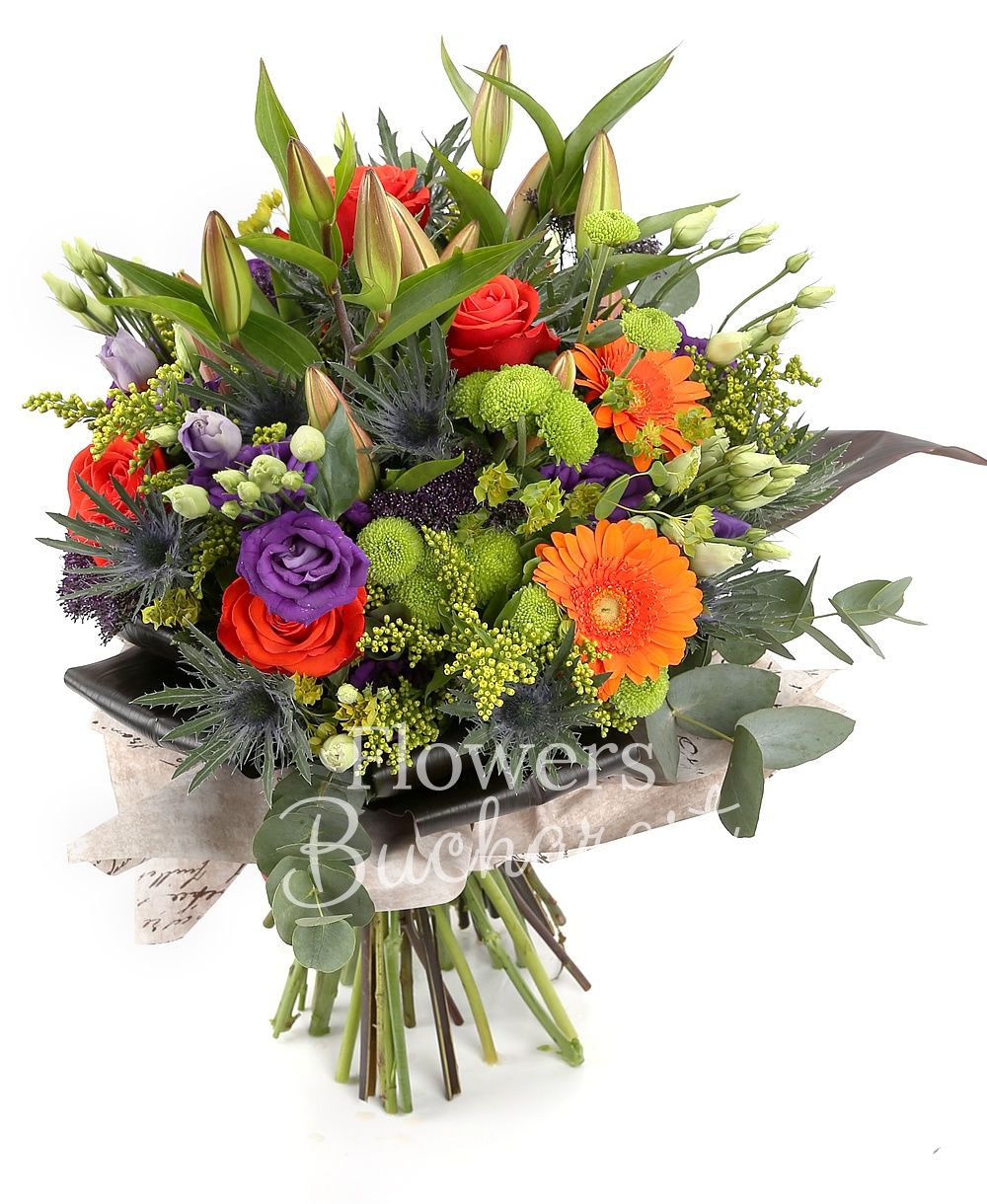 2 pink lilies, 5 orange roses, 5 orange gerberas, 5 purple lisianthus, 5 yellow solidago, 3 eryngium, 5 trachelium, 3 green santini, greenery