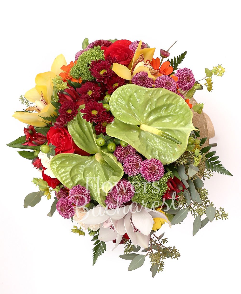 2 green anthurium, 3 red chrysanthemums, 5 pink santini, 5 red alstroemeria, 5 orange gerbera, 5 green hypericum, 3 green trachelium, 3 carnations, 5 red roses, cymbidium, greenery