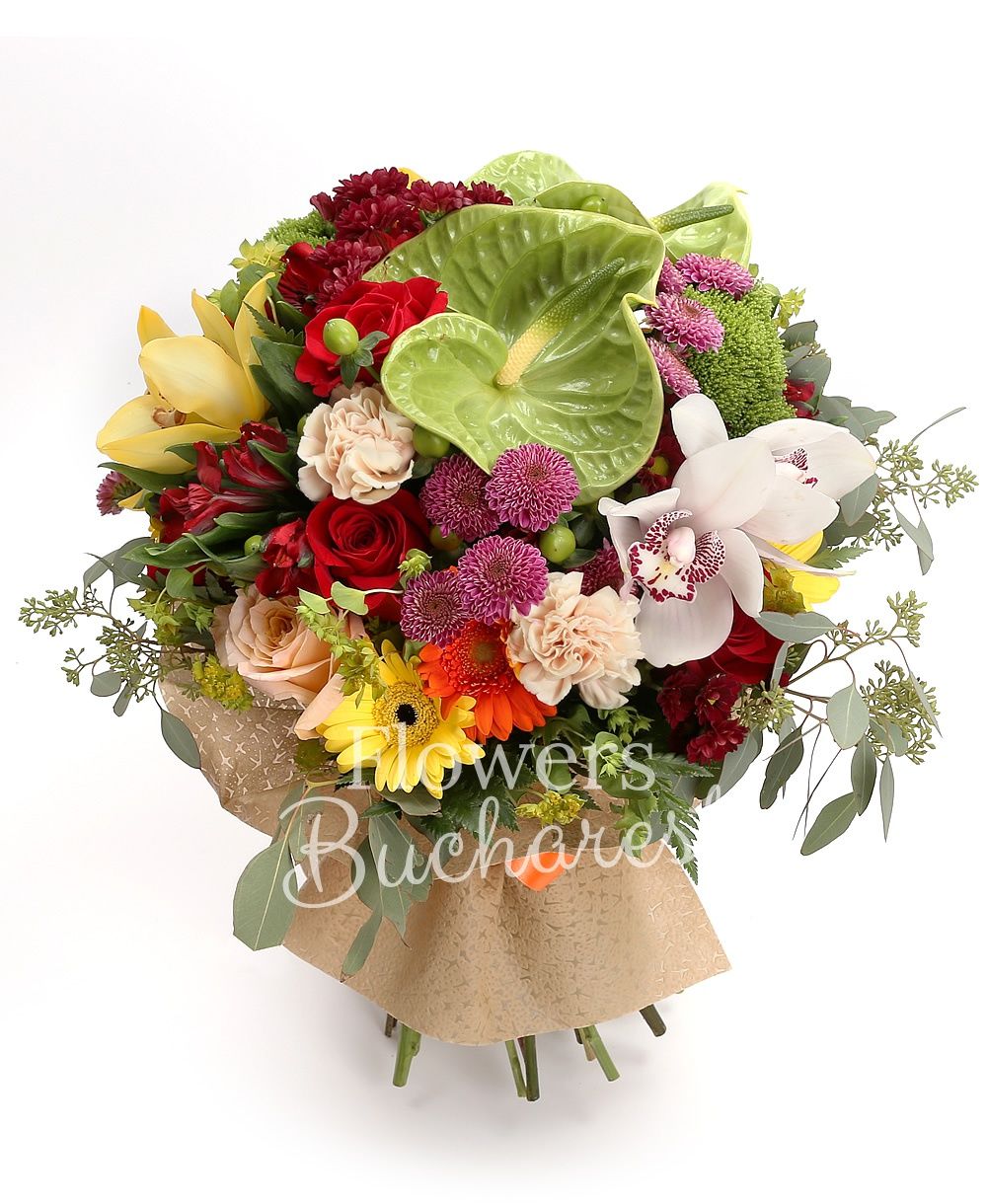 2 green anthurium, 3 red chrysanthemums, 5 pink santini, 5 red alstroemeria, 5 orange gerbera, 5 green hypericum, 3 green trachelium, 3 carnations, 5 red roses, cymbidium, greenery