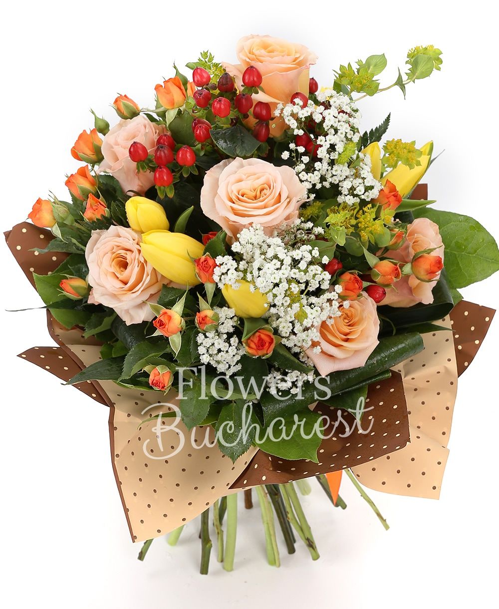 6 cream roses, 5 orange miniroses, 3 red hypericum, 7 yellow tulips, greenery